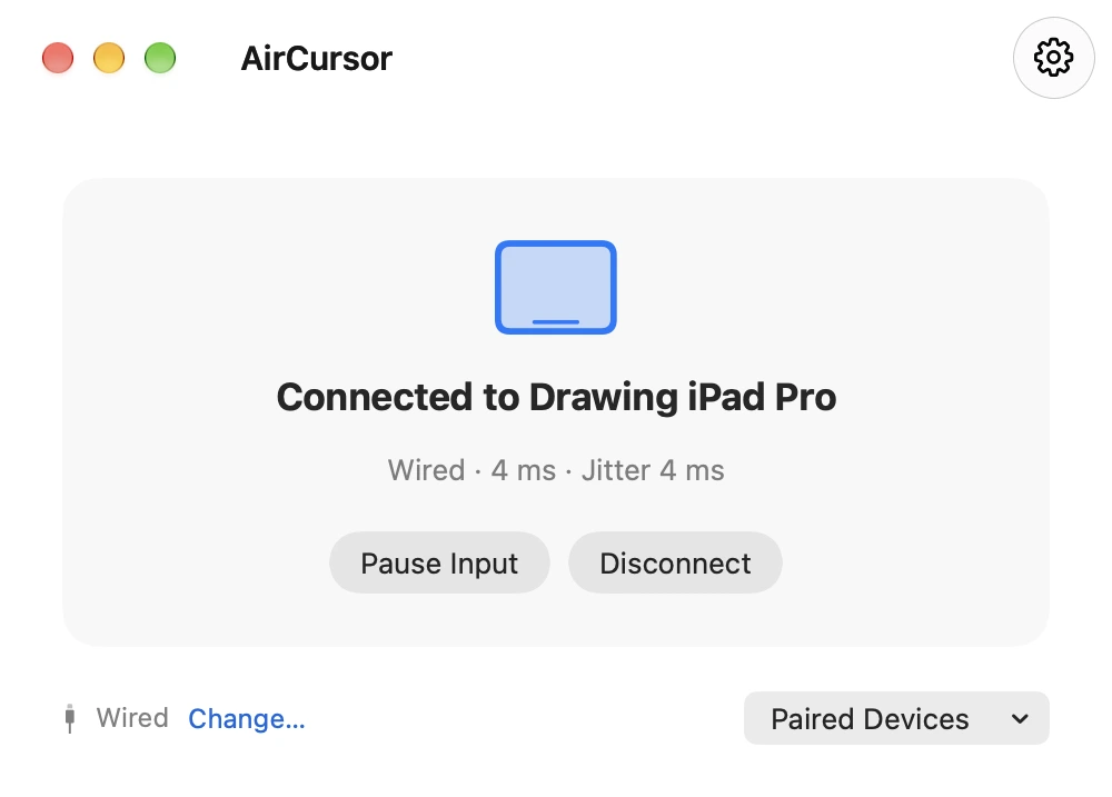 AirCursor's window on the Mac: Connected to Drawing iPad Pro, Wired, 4 ms, with Pause Input and Disconnect buttons.