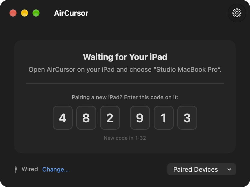 AirCursor on the Mac, waiting for an iPad and showing the pairing code 482 913.